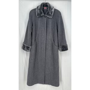 Vintage Coat Womens 12 Gray Wool Long Trench Overcoat Faux Fur Trim Pockets
